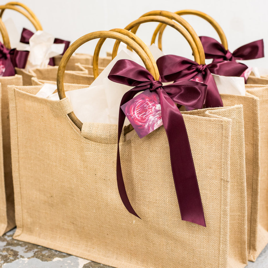 Personalized Wedding Calligraphy Welcome Bags with Burgundy satin