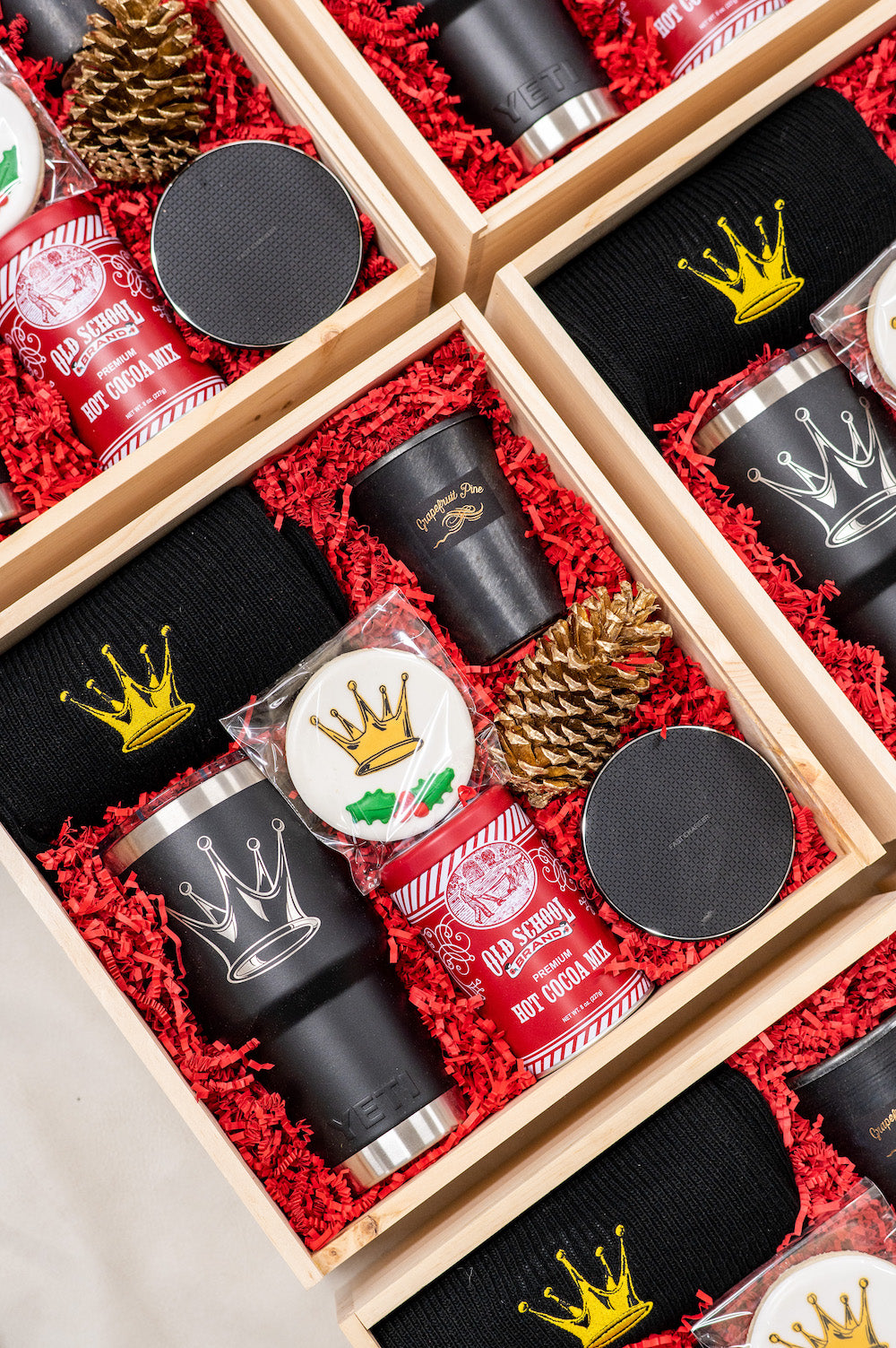 Luxury Branded Corporate Holiday Employee Appreciation Gifts Boxes in Black, Red & Gold, curated by Marigold & Grey
