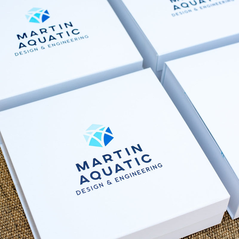 Marigold & Grey Designs Branded Client Gifts for Martin Aqautic's Rebrand Announcement