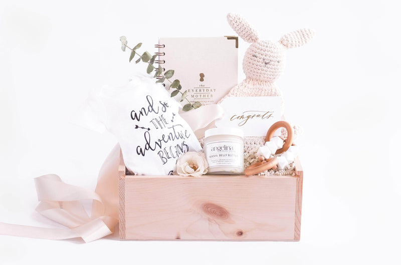 Announcing custom gift box design services for new moms by Marigold & Grey. 