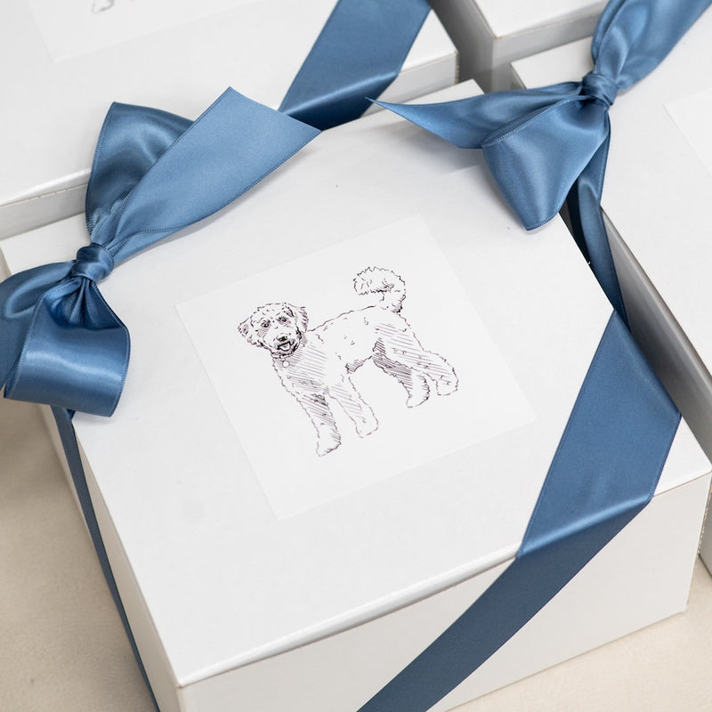 Through our Add-Your-Own-Logo Program, each wedding welcome gift set was personalized with a custom sticker featuring a hand sketched portrait of their dog, Brody.