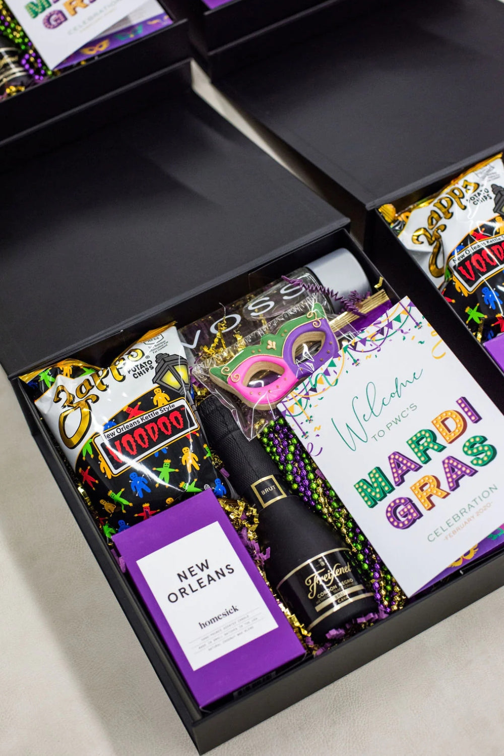 Custom Corporate Event Gifts with Mardi Gras New Orleans theme by Marigold & Grey