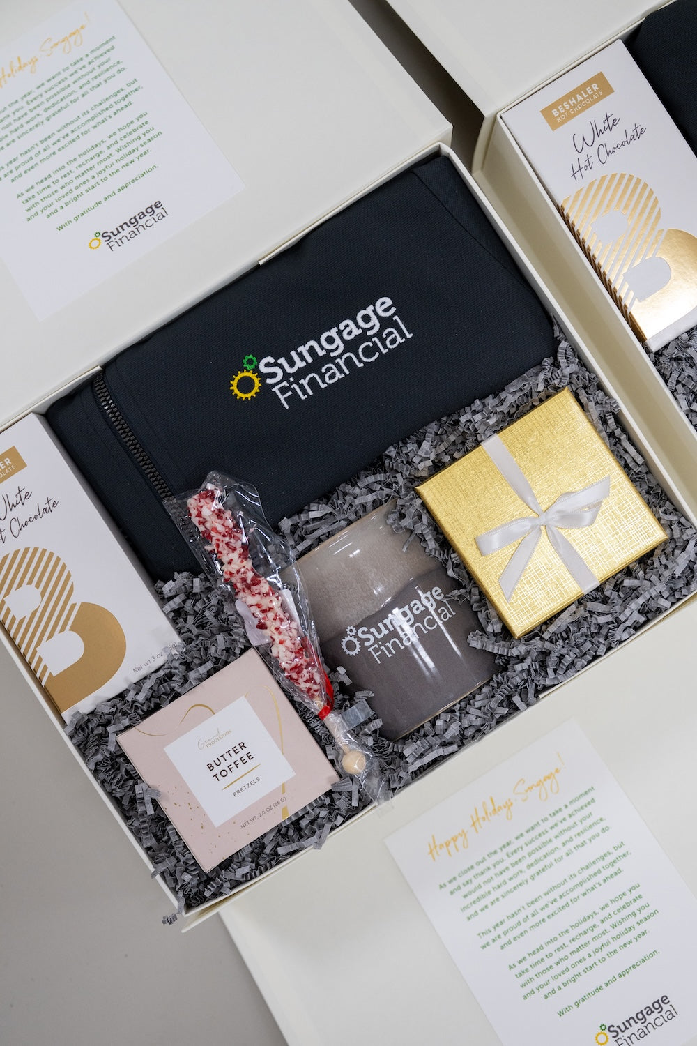 Custom White, Black & Gold Branded Corporate Employee Appreciation Holiday Gifts by Marigold & Grey