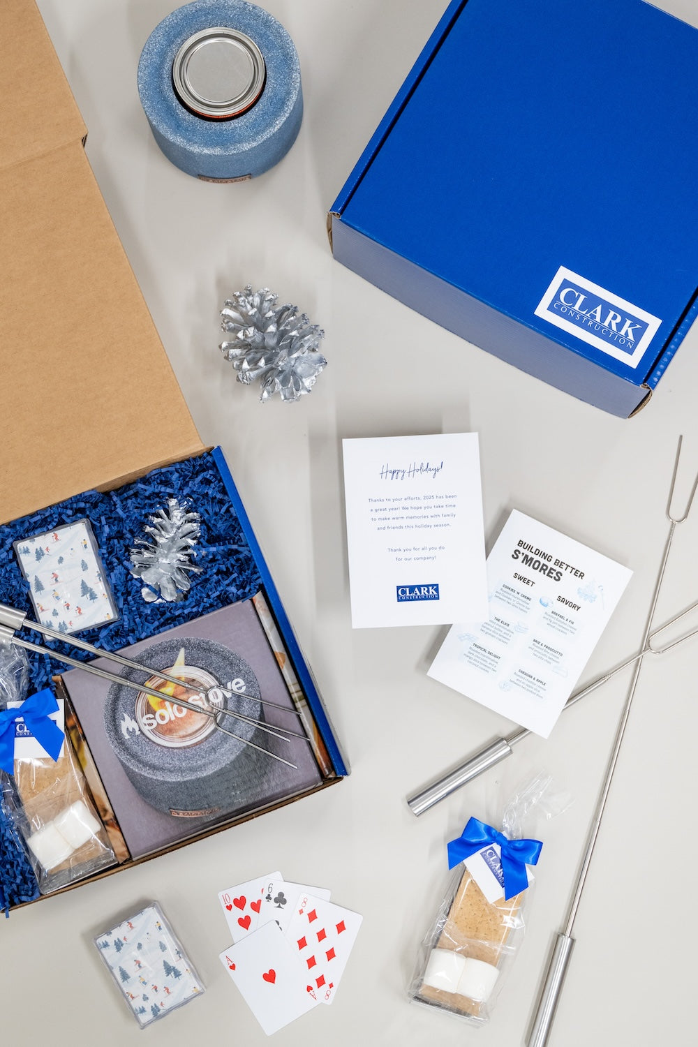 Branded Corporate Holiday Employee Gifts S'mores Theme, Blue & White, Marigold & Grey