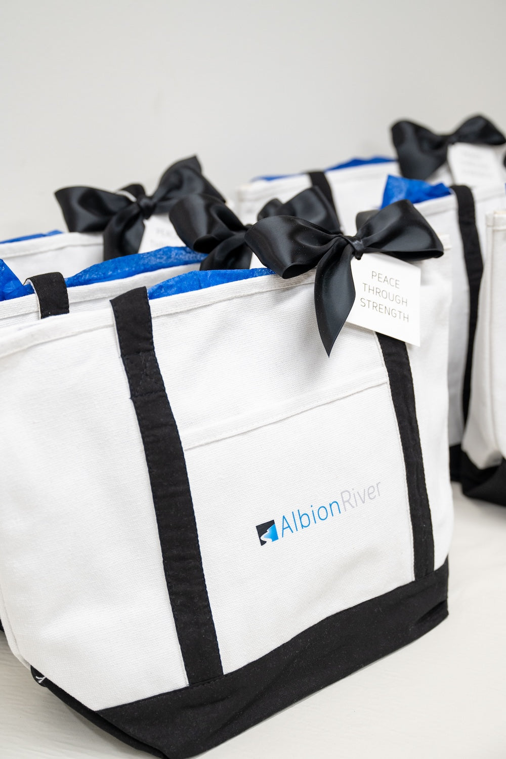 Blue & White Branded Corporate Meeting Attendee Welcome Tote Gift Bags Golf Theme by Marigold & Grey