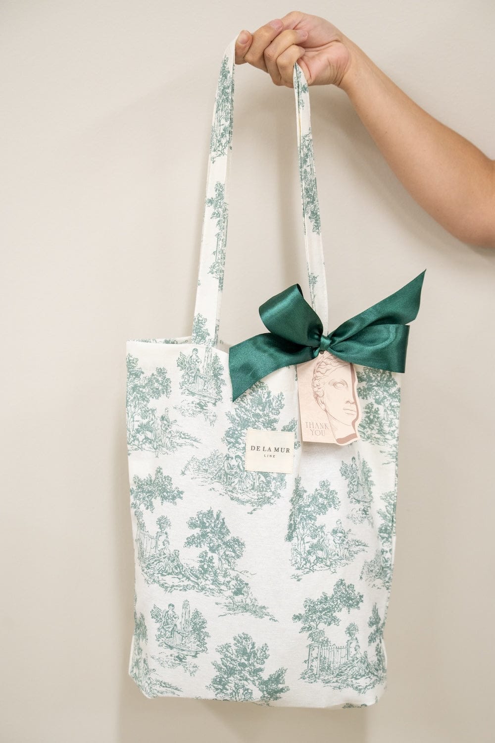 Personalized Luxury Toile Print Green & White Wedding Welcome Gift Tote Bags by Marigold & Grey