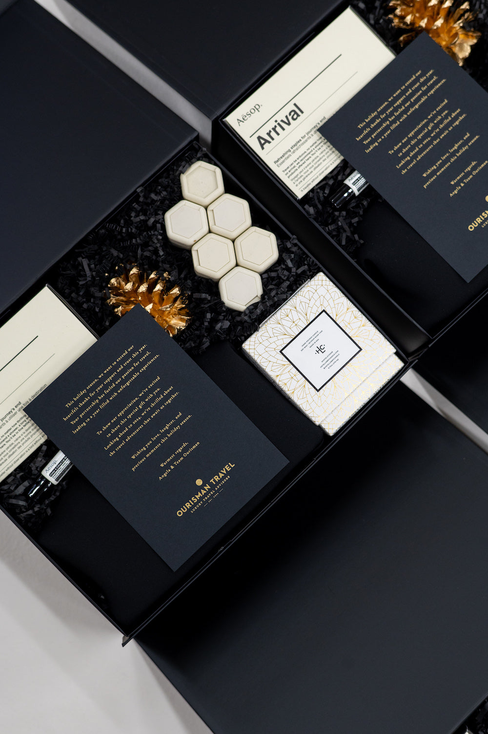 Luxury Travel-Inspired Holiday Gifts for Travel Agency, Black, White & Gold by Marigold & Grey