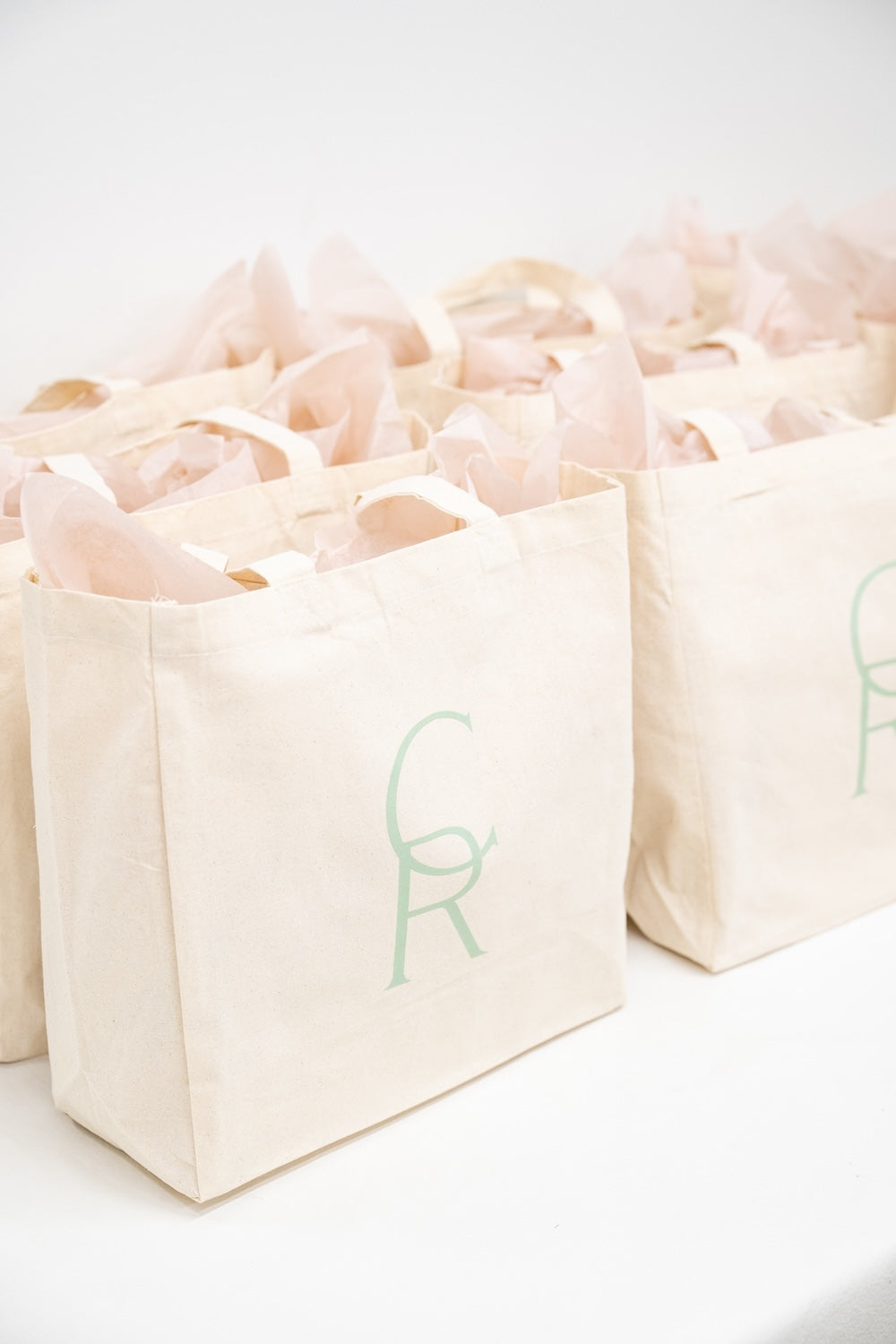 Feminine Theme, Sage Green & Pink, Middleburg, VA Wedding Welcome Tote Gift Bags for Out of Town Guests by Marigold & Grey