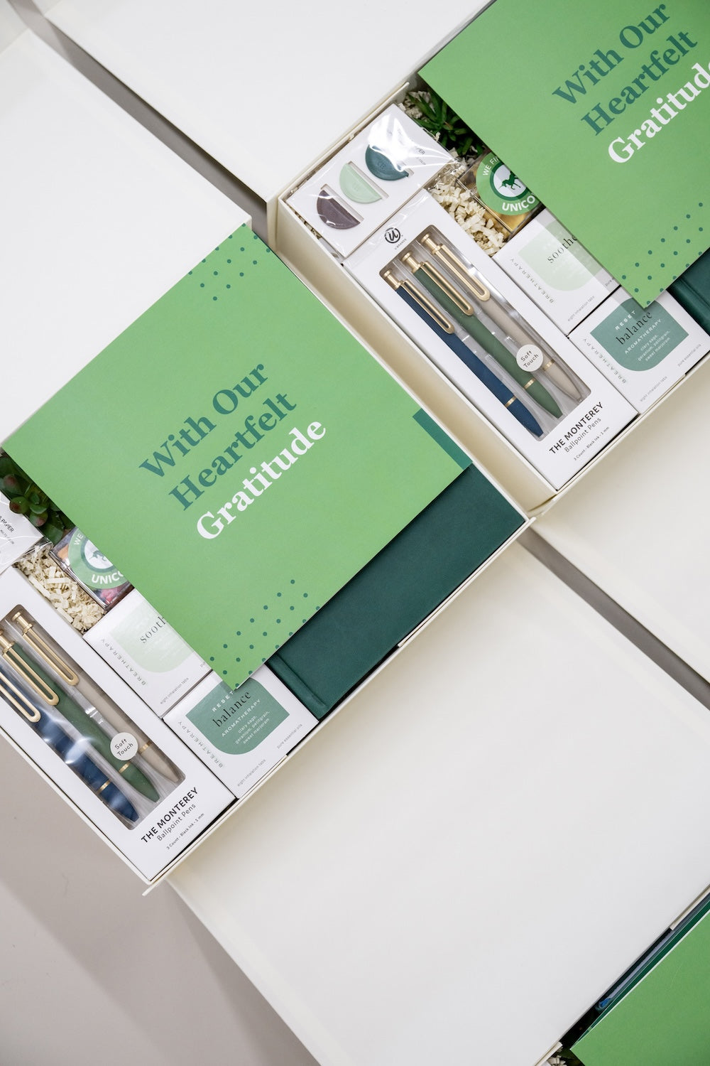 White & Green On-Brand Gratitude Themed Corporate Client Gift Boxes  by Marigold & Grey