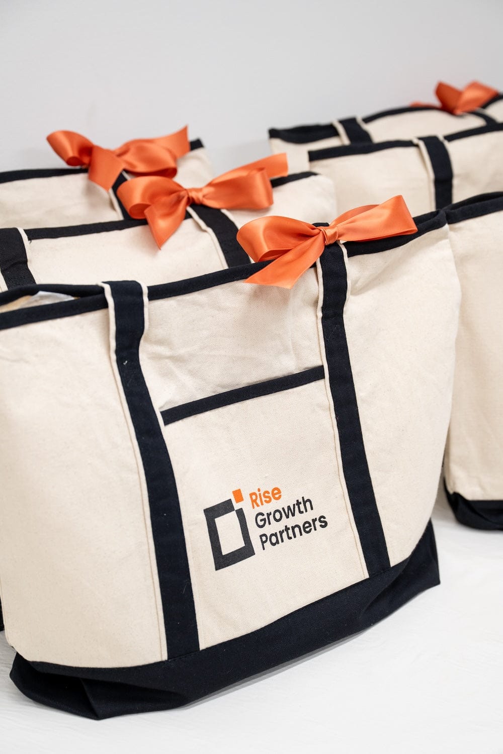 Orange & Black Custom Branded Employee Appreciation Canvas Tote Gift Bags by Marigold & Grey