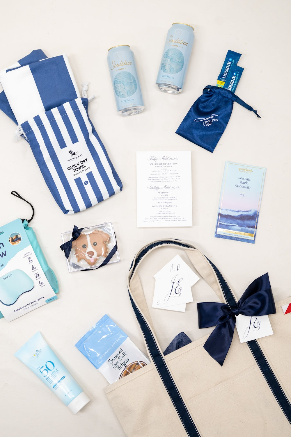 Navy Blue Personalized Palm Beach Wedding Welcome Gift Canvas Tote Bags for Guests by Marigold & Grey