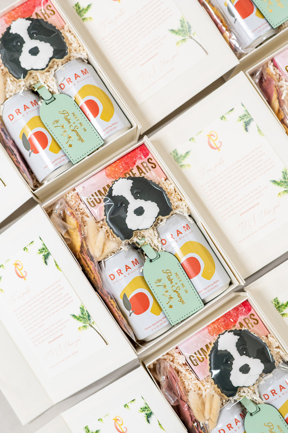 Bright, Fun Wedding Guest Welcome Gift Boxes. Palm Springs, Custom, curated by Marigold & Grey