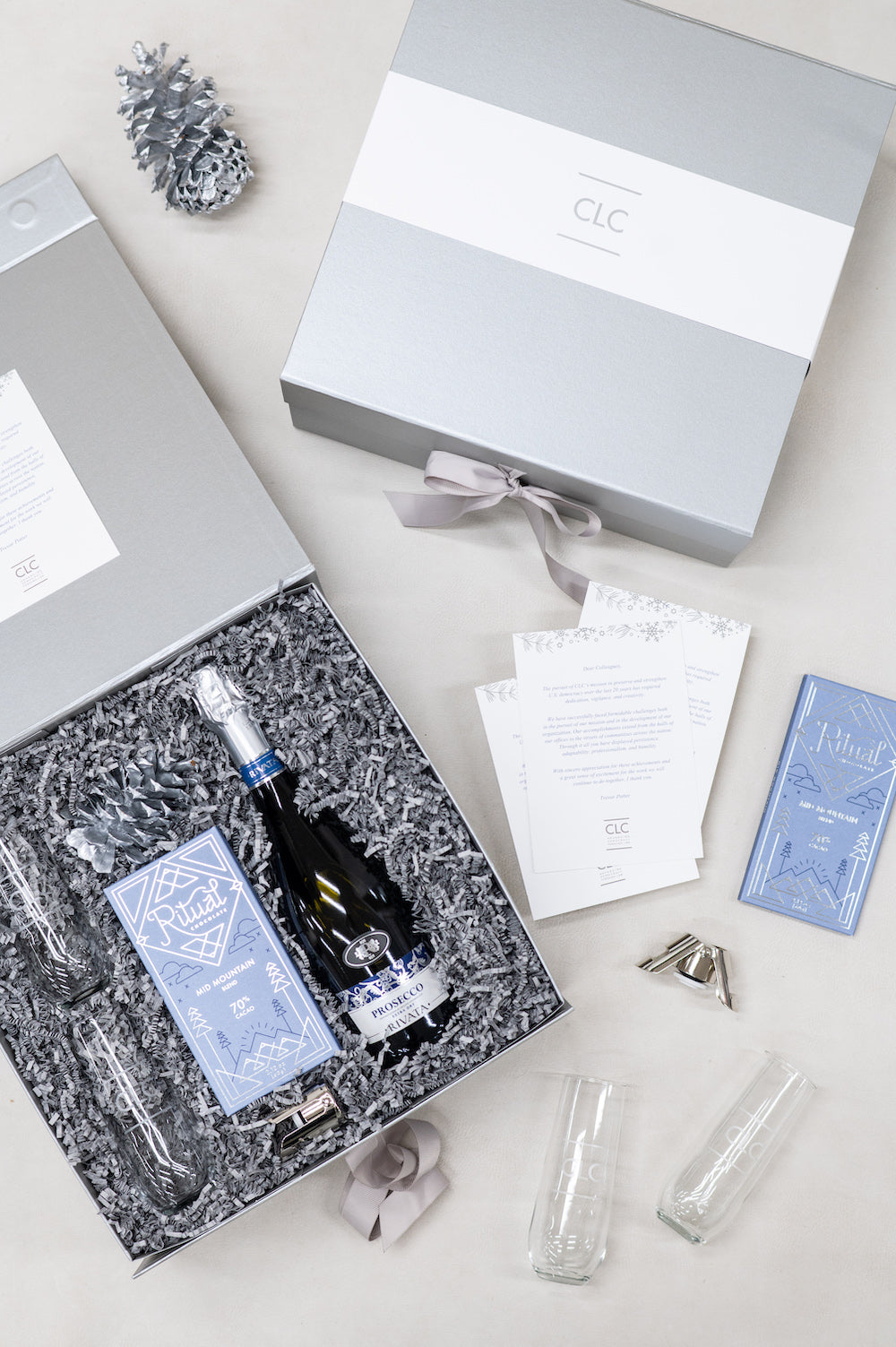 Custom Corporate Gifts, Cheers To You, Thank You, Silver Themed, Luxury Branded, curated by Marigold & Grey