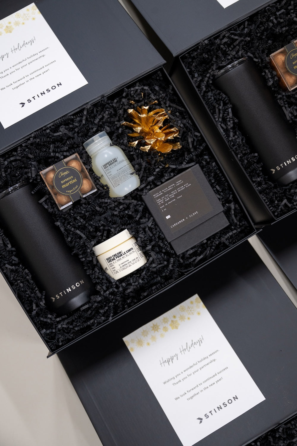 Tone-on-Tone, All Black, Custom Branded Corporate Client Holiday Gifts by Marigold & Grey