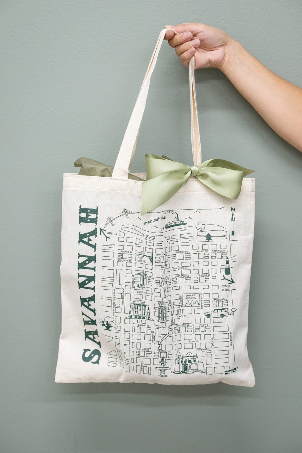 Ivory & Sage Green Welcome to Savannah Theme Wedding Tote Gift Bags by Marigold & Grey