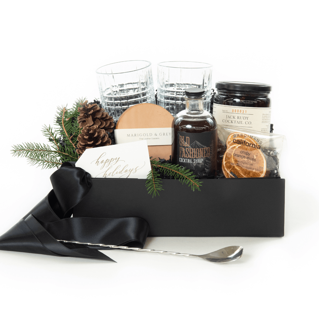 This holiday cocktail gift set from M&G, 100% woman-owned and led, offers all the items needed to craft the perfect Old Fashioned cocktail.