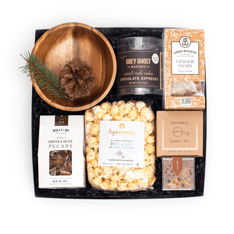 Make a sophisticated statement with the festive 'Making Spirits Bright' holiday snack gift box by M&G. 100% woman-owned and led. Free U.S. shipping.